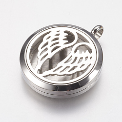 316 Surgical Stainless Steel Diffuser Locket Pendants, with Perfume Pad and Magnetic Clasp, Flat Round with Wing, Stainless Steel Color, 37x30x6mm, Hole: 5mm, Inner Diameter: 23mm, Perfume Pad: 22x3mm(STAS-J021-04)