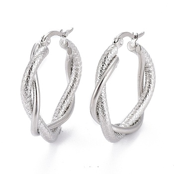 304 Stainless Steel Hoop Earring, Hypoallergenic Earrings, with Ear Nut, Textured, Twisted Ring Shape, Stainless Steel Color, 29x5mm, Pin: 0.5x1mm