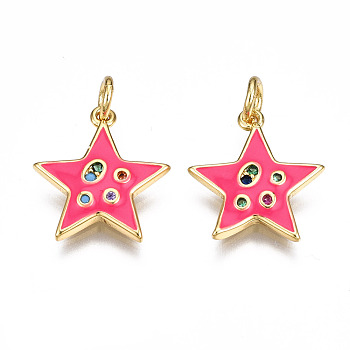 Brass Micro Pave Cubic Zirconia Enamel Charms, with Jump Rings, Nickel Free, Star, Real 16K Gold Plated, Deep Pink, 15x13.5x2mm, Jump Ring: 5x0.8mm, 3mm inner diameter