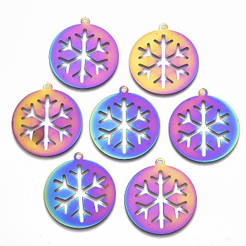 Christmas Ion Plating(IP) 201 Stainless Steel Pendants, Etched Metal Embellishments, Flat Round with Snowflake, Rainbow Color, 33x30x0.3mm, Hole: 1.8mm