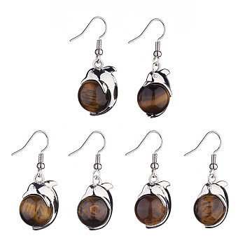 Natural Tiger Eye Dolphin Dangle Earrings with Crystal Rhinestone, Platinum Brass Jewelry for Women, 38mm, Pin: 0.6mm