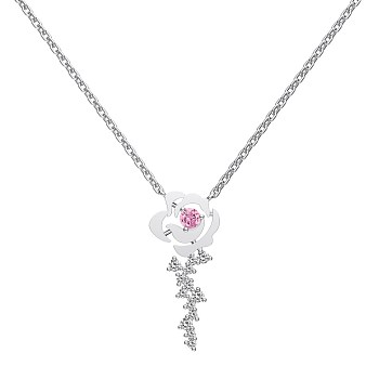 925 Sterling Silver Pendant Necklaces, Micro Pave Clear Cubic Zirconia, Flower, Platinum, 15.87 inch(40.3cm)