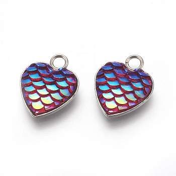 304 Stainless Steel Pendants, with Resin, Heart with Fish Scale Shape, Stainless Steel Color, Camellia, 16x13x3.5mm, Hole: 2mm