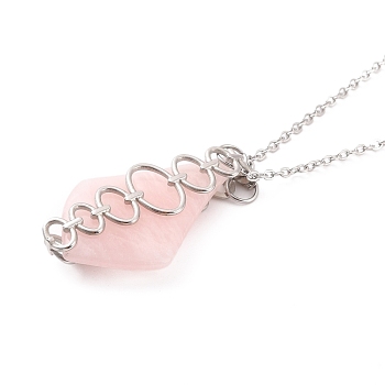 Rose Quartz Pendant Necklaces, with 304 Stainless Steel Cable Chain and 201 Stainless Steel Lobster Claw Clasps, 40.5cm