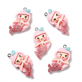 Opaque Resin Pendants, with Glitter Powder and Platinum Tone Iron Loops, Mermaid, Pink, 34x18x6mm, Hole: 2mm