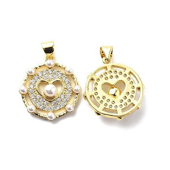 Brass Clear Cubic Zirconia Pendants, with ABS Plastic Imitation Pearl, Flat Round with Heart Charm, Real 18K Gold Plated, 21.5x19.5x5mm, Hole: 3.5x4.5mm
