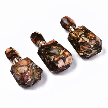 Assembled Synthetic Bronzite and Imperial Jasper Openable Perfume Bottle Pendants, with Light Gold Brass Findings, Dyed, Green Yellow, Capacity: 1ml(0.03 fl. oz), 42~43x22x15mm, Hole: 1.8mm