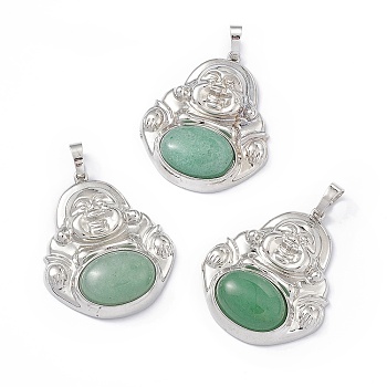 Natural Green Aventurine Pendants, Buddha Charms, with Platinum Tone Rack Plating Brass Findings, Cadmium Free & Lead Free, 39x32x9.5mm, Hole: 8x4.5mm