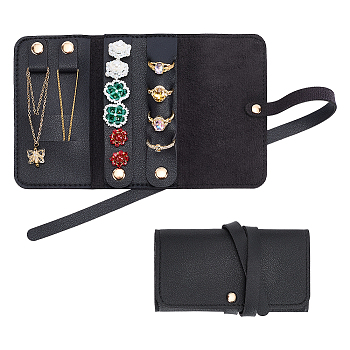 2Pcs PU Leather Jewelry Rolls for Rings Earrings Necklaces, Rectangle, Black, 65x120x16mm