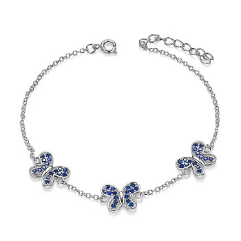 SHEGRACE 925 Sterling Silver Link Bracelet, with Micro Pave AAA Cubic Zirconia Butterfly, Dark Blue, 7-1/8 inch(18cm)