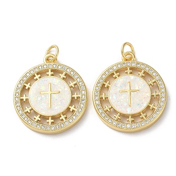 Brass Micro Pave Clear Cubic Zirconia Pendants, with Synthetic Opal and Jump Ring, Real 18K Gold Plated, Cross, Flat Round, 23x20x3mm, Hole: 3.6mm
