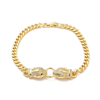 Cubic Zirconia Double Kylin Link Bracelet wth Brass Curb Chains for Men Women, Cadmium Free & Nickel Free & Lead Free, Real 18K Gold Plated, 8-1/4 inch(21.1cm)