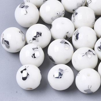 Christmas Opaque Glass Beads, Round with Electroplate Christmas Sock Pattern, Platinum Plated, 10mm, Hole: 1.2mm