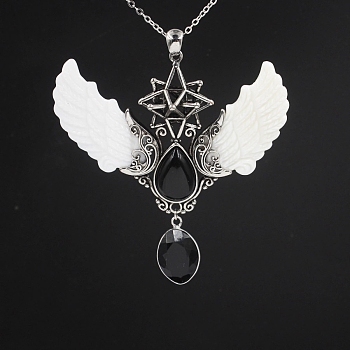 Natural Black Onyx(Dyed & Heated) Angel Wing Big Pendants, Star Charms with Shell Wing, Antique Silver, 85x75x25mm