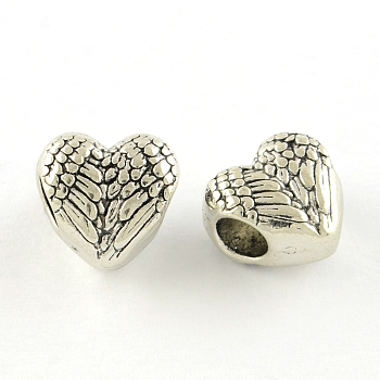 Tibetan Style Alloy European Beads, Heart, Large Hole Beads, Cadmium Free & Lead Free, Antique Silver, 11x11.5x7.5mm, Hole: 4.5mm