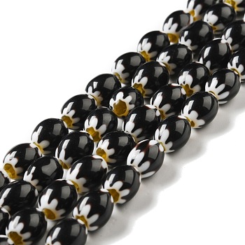 Handmade Lampwork Beads Strands, Oval with Flower, Black, 11.5~12.5x9.5mm, Hole: 1.2mm, about 26~27pcs/strand,  12.99~13.39 inch(33~34cm)