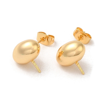 Oval Brass Stud Earring Findings, with 925 Sterling Silver Pins, for Half Drilled Beads, Real 18K Gold Plated, 12.5x12mm, Pin: 12x0.8mm and 1mm(for Half Drilled Beads)