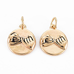 Brass Pendants, Nickel Free, with Jump Ring, Flat Round with Promise Gesture, Pinky Swear, Real 18K Gold Plated, 16x13.5x3mm, Jump Ring: 6x1mm, 4mm inner diameter(X-KK-S356-522-NF)
