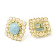 Natural Amazonite Square Stud Earrings with Plastic Pearl Beaded, Real 14K Gold Plated Brass Jewelry, 18x18mm(EJEW-E599-03G-01)