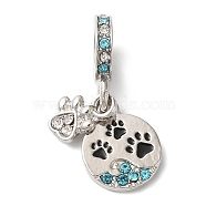 Rack Plating Alloy Aquamarine & Clear Rhinestone European Dangle Charms, Large Hole Paw Print Pendants with Enamel, Cadmium Free & Nickel Free & Lead Free, Platinum, Platinum, 26mm, Hole: 5mm(PALLOY-S189-16P)