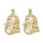 Rack Plating Brass Micro Pave Cubic Zirconia Pendants, Long-Lasting Plated, Lead Free & Cadmium Free, Heart with Butterfly Charms, Real 18K Gold Plated, 27.5x19.5x4.5mm, Hole: 5x3mm(KK-F869-23G)