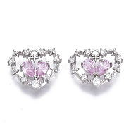 Brass Micro Cubic Zirconia Charms, Nickel Free, Heart, Pink & Clear, Real Platinum Plated, 12x14x3mm, Hole: 1mm(KK-N231-31-NF)