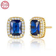 Cubic Zirconia Rectangle Stud Earrings, Real 18K Gold Plated 925 Sterling Silver Earrings, Blue, 11x9mm(ES5982-3)
