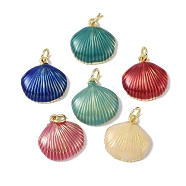 Brass Enamel Pendants, with Jump Rings, Cadmium Free & Lead Free, Long-Lasting Plated, Real 18K Gold Plated, Shell Shape Charm, Mixed Color, 15x15x3.5mm, Hole: 2.8mm(KK-E110-07G)