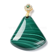 Natural Malachite Pendants, Fan Shaped Charms, with Golden Plated Flower 925 Sterling Rhinestone Snap on Bails, 29x25x6mm, Hole: 3.5x1.5mm(G-M407-01G)