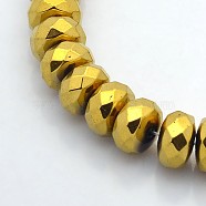 Electroplate Non-magnetic Synthetic Hematite Beads Strands, Faceted Rondelle, Golden Plated, 10x6mm, Hole: 1mm, about 67pcs/strand, 15.7 inch(G-J208E-03)