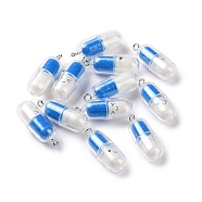 Translucent Plastic Pendants, Pill Capsule Charm, with Platinum Tone Iron Loops, Deep Sky Blue, 29x10.5mm, Hole: 2mm(KY-L006-29F)