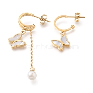 304 Stainless Steel Asymmetrical Earrings, Half Hoop Earrings, with Natural White Shell, Plastic Imitation Pearl Beads and Ear Nuts, Butterfly, Golden, 30mm and 56mm, Pin: 0.8mm(EJEW-O098-08G)