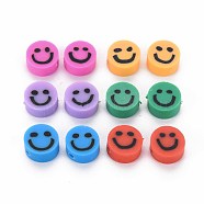 Handmade Polymer Clay Beads, Flat Round with Smiling Face, Mixed Color, 8~9x4mm, Hole: 1.5mm(X-CLAY-S096-010)
