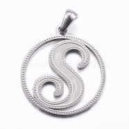 304 Stainless Steel Pendants, Flat Round with Letter, Stainless Steel Color, Letter.S, 28x25x1.2mm, Hole: 6x3.5mm(STAS-K162-072P)