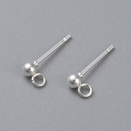 304 Stainless Steel Ball Stud Earring Post, Earring Findings, with Loop, Round, Silver, 14x3mm, Hole: 2mm, Pin: 0.8mm, Round: 3mm(STAS-H410-10S)