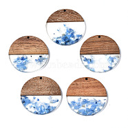 Transparent Resin & Walnut Wood Pendants, with Shell Chips, Two Tone, Flat Round, Dodger Blue, 38.5x3.5mm, Hole: 2mm(RESI-T035-24-A02)