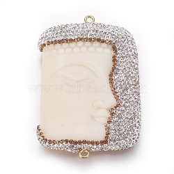 Resin Links connectors, with Polymer Clay Rhinestone and Brass Findings, Rectangle, Golden, White, 58x38x10mm, Hole: 2mm(KK-F802-21A)