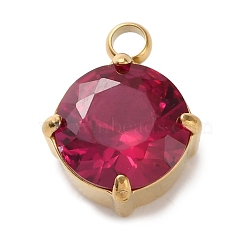 304 Stainless Steel Micro Pave Cubic Zirconia Pendants, Flat Round Charms, Cerise, 10.5x8x4.5mm, Hole: 1.8mm(STAS-K292-01G-07)