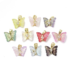 Real 18K Gold Plated Rack Plating Brass Micro Pave Cubic Zirconia Pendants, with Resin, Long-Lasting Plated, Cadmium Free & Lead Free, Butterfly, Mixed Color, 11.5x14.5x6mm, Hole: 2.6x5mm(KK-R161-06G)