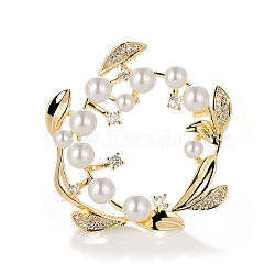 Imitation Pearl Brass Flower Garland Brooch, with Glass Rhinestone, Golden, 38x38mm(PW-WG69126-02)