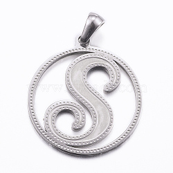 304 Stainless Steel Pendants, Flat Round with Letter, Stainless Steel Color, Letter.S, 28x25x1.2mm, Hole: 6x3.5mm(STAS-K162-072P)