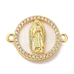 Rack Plating Brass Micro Pave Clear Cubic Zirconia Religion Connector Charms, with Shell, Flat Round Links, Real 18K Gold Plated, Cadmium Free & Lead Free, Long-Lasting Plated, Virgin, 17x23x4mm, Hole: 1.4mm(X-KK-L220-003G-01)