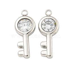 304 Stainless Steel Pendants, with Claer Cubic Zirconia, Key Charms, Stainless Steel Color, 18x7x3mm, Hole: 1.5mm(STAS-L080-013P)