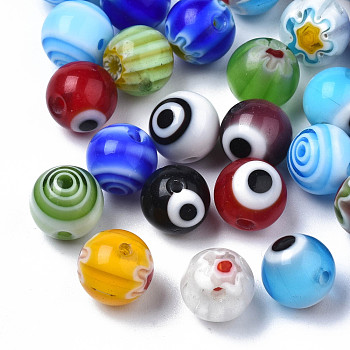 Handmade Millefiori Lampwork Beads & Evil Eye Lampwork Beads, Round, Mixed Color, 7.5~8x7.5~8mm, Hole: 1.2~1.4mm, about 100pcs/bag