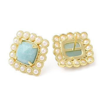 Natural Amazonite Square Stud Earrings with Plastic Pearl Beaded, Real 14K Gold Plated Brass Jewelry, 18x18mm