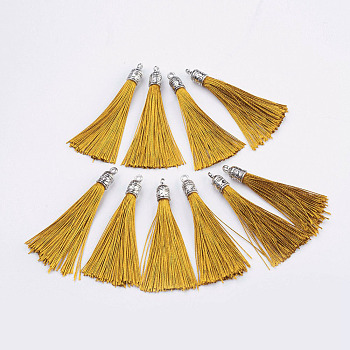 Nylon Tassels Big Pendant Decorations, with Antique Silver Alloy Findings, Gold, 55~67x7mm, Hole: 2mm