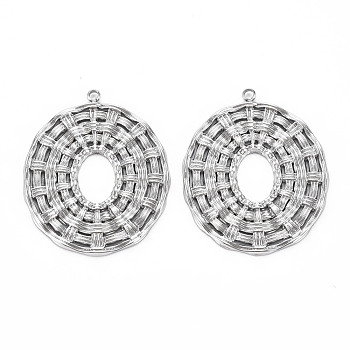 304 Stainless Steel Pendants, Cadmium Free & Nickel Free & Lead Free, Imitation Weaving Rattan, Oval, Stainless Steel Color, 31x25x2.5mm, Hole: 1.4mm