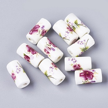 Handmade Porcelain Beads, Printed, Column, Old Rose, 17x9mm, Hole: 3mm