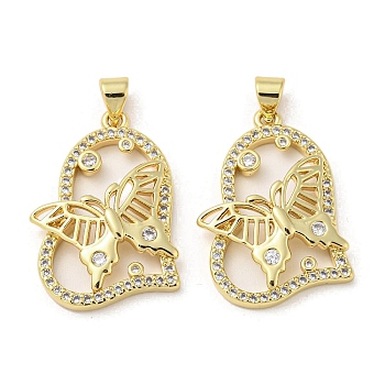 Rack Plating Brass Micro Pave Cubic Zirconia Pendants, Long-Lasting Plated, Lead Free & Cadmium Free, Heart with Butterfly Charms, Real 18K Gold Plated, 27.5x19.5x4.5mm, Hole: 5x3mm