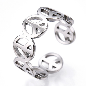 304 Stainless Steel Peace Sign Open Cuff Ring for Women, Stainless Steel Color, US Size 6 1/4(16.7mm)